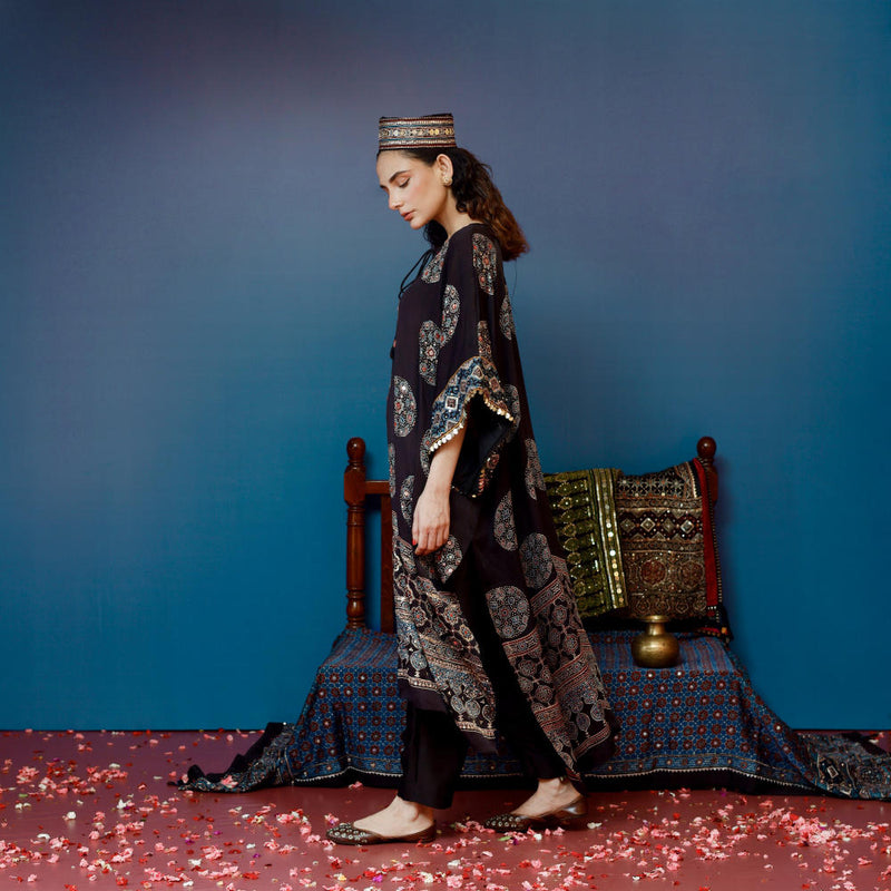 Veere Ajrakh Black Kaftan Set satin by PRAHNAAYA in black color for women Worldwide