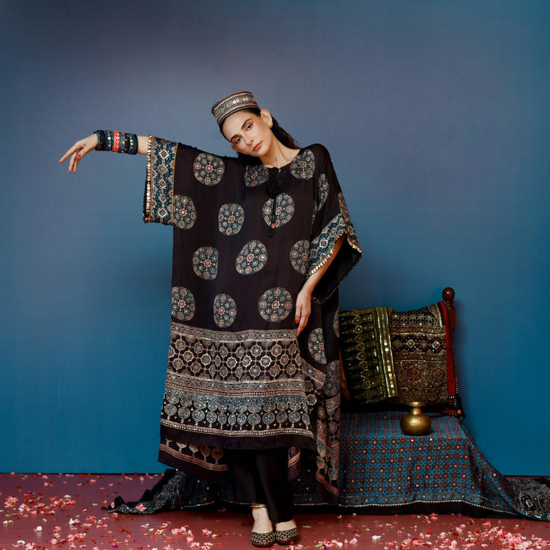 Veere Ajrakh Black Kaftan Set satin by PRAHNAAYA in black color for women Worldwide