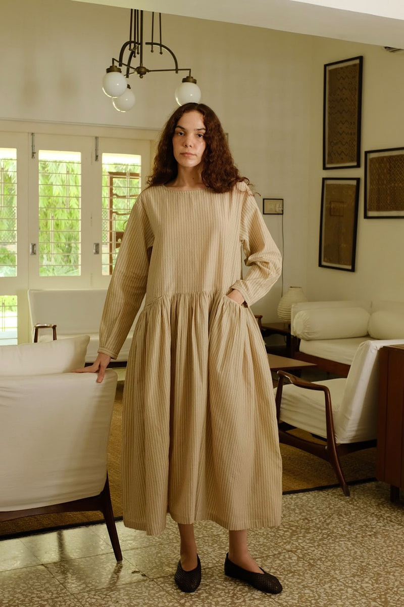 Blake-Sand Dress handwoven cotton dress by MASON AND MILL in beige for women Worldwide