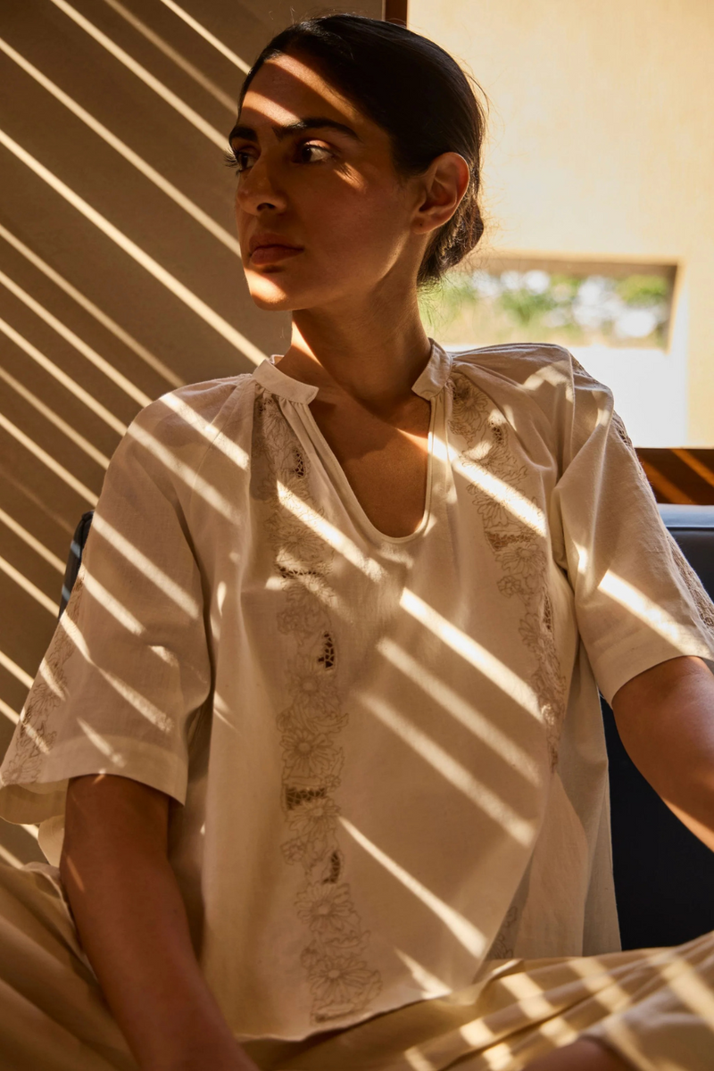 Bheer Handwoven Embroidered Top cotton by The Summer House in white color for women Worldwide