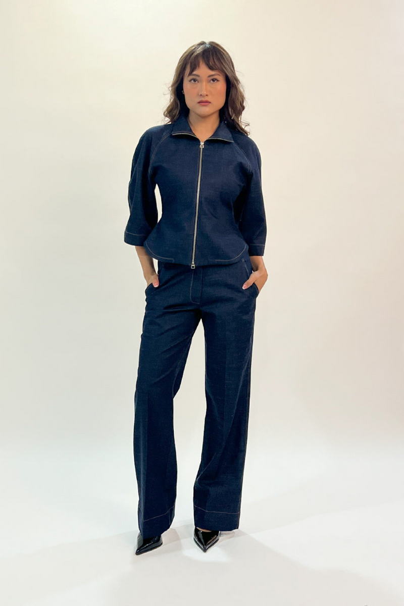 Denim Zip Top linen by Leh Studios in blue color for women Worldwide