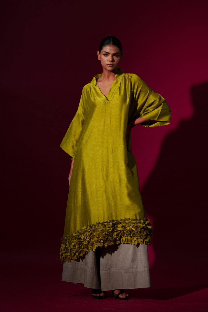 Flax Tunic-Leaf Green mysore silk kaftans and tunics by Stoique in leaf green for women Worldwide