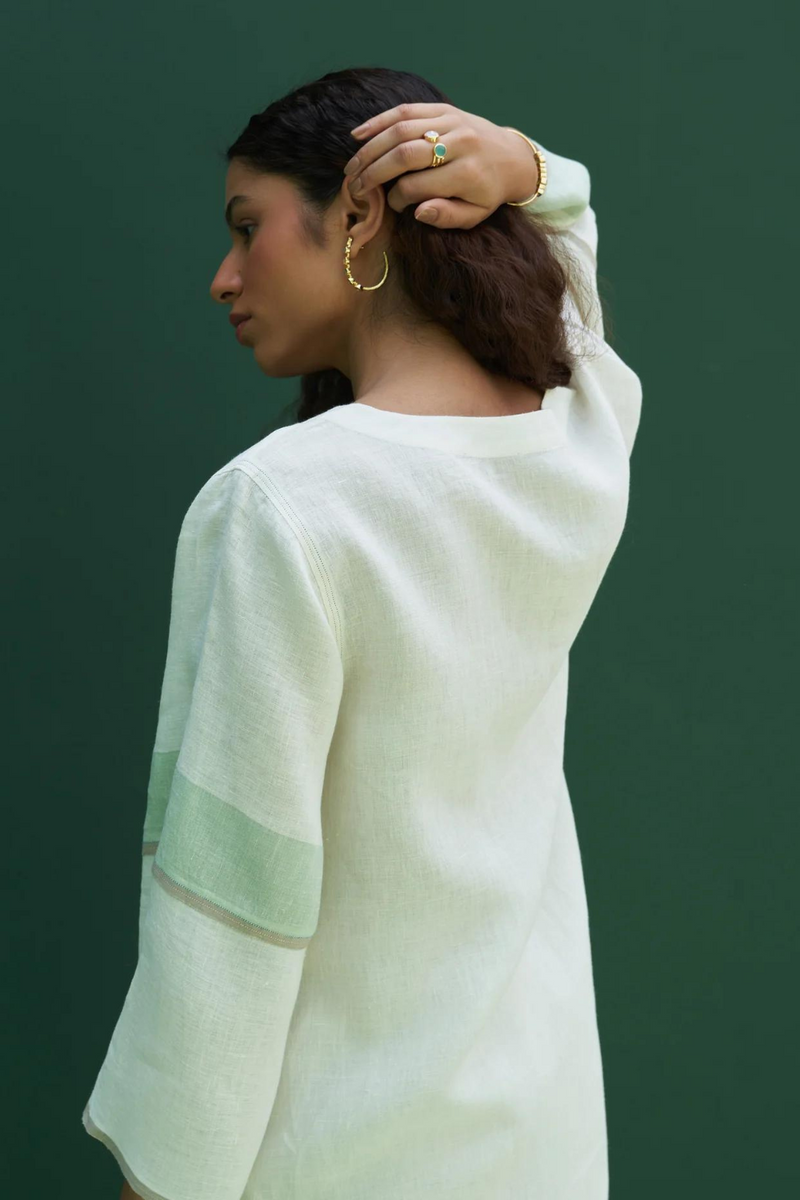 Insha Hand-Embroidered Kurta
 - Ivory linen by Manan in ivory color for women Worldwide
