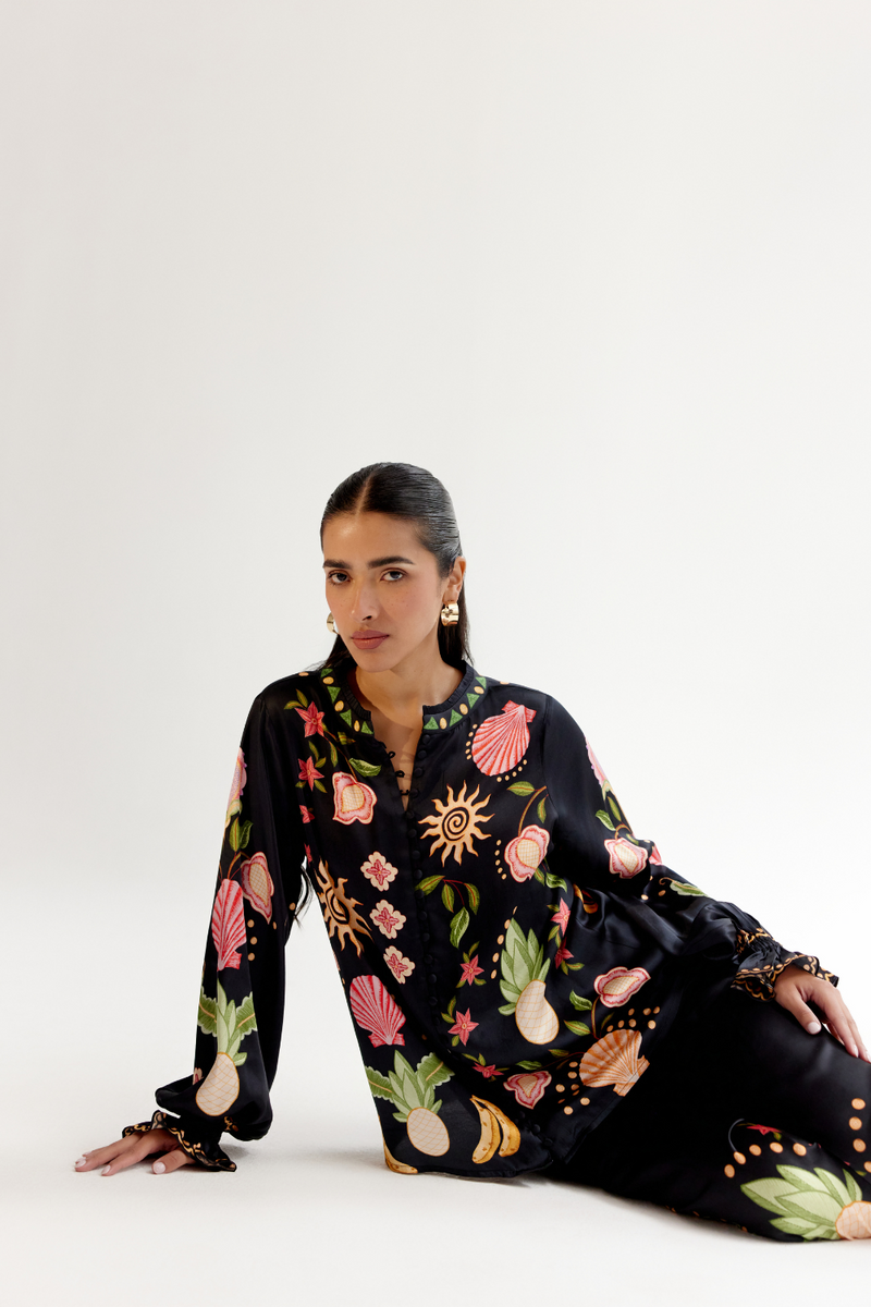 Ilia Pants - Seashell (Black) satin by NOIB for women Worldwide