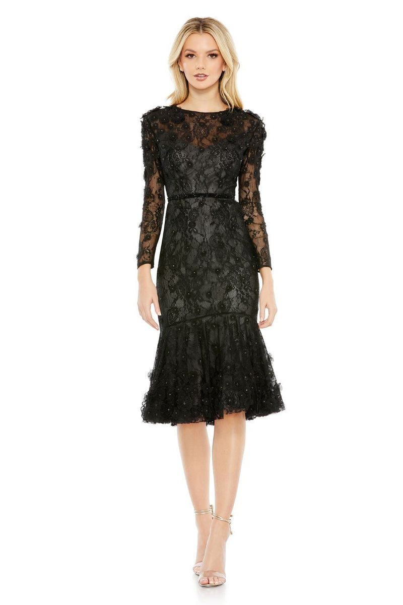 67703-Floral Appliqué Long Sleeve Cocktail Dress by Mac Duggal in black color for women Worldwide