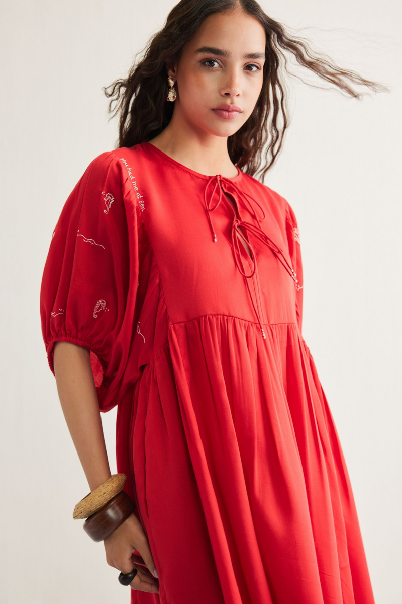 Ocean Wilds Tencel Dress by SUI in red color for women Worldwide