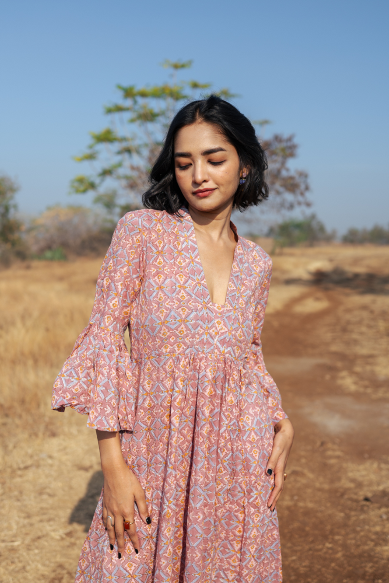 Pondi Dress - Handblock Printed Cotton Dress cotton by Marche in peach color for women Worldwide