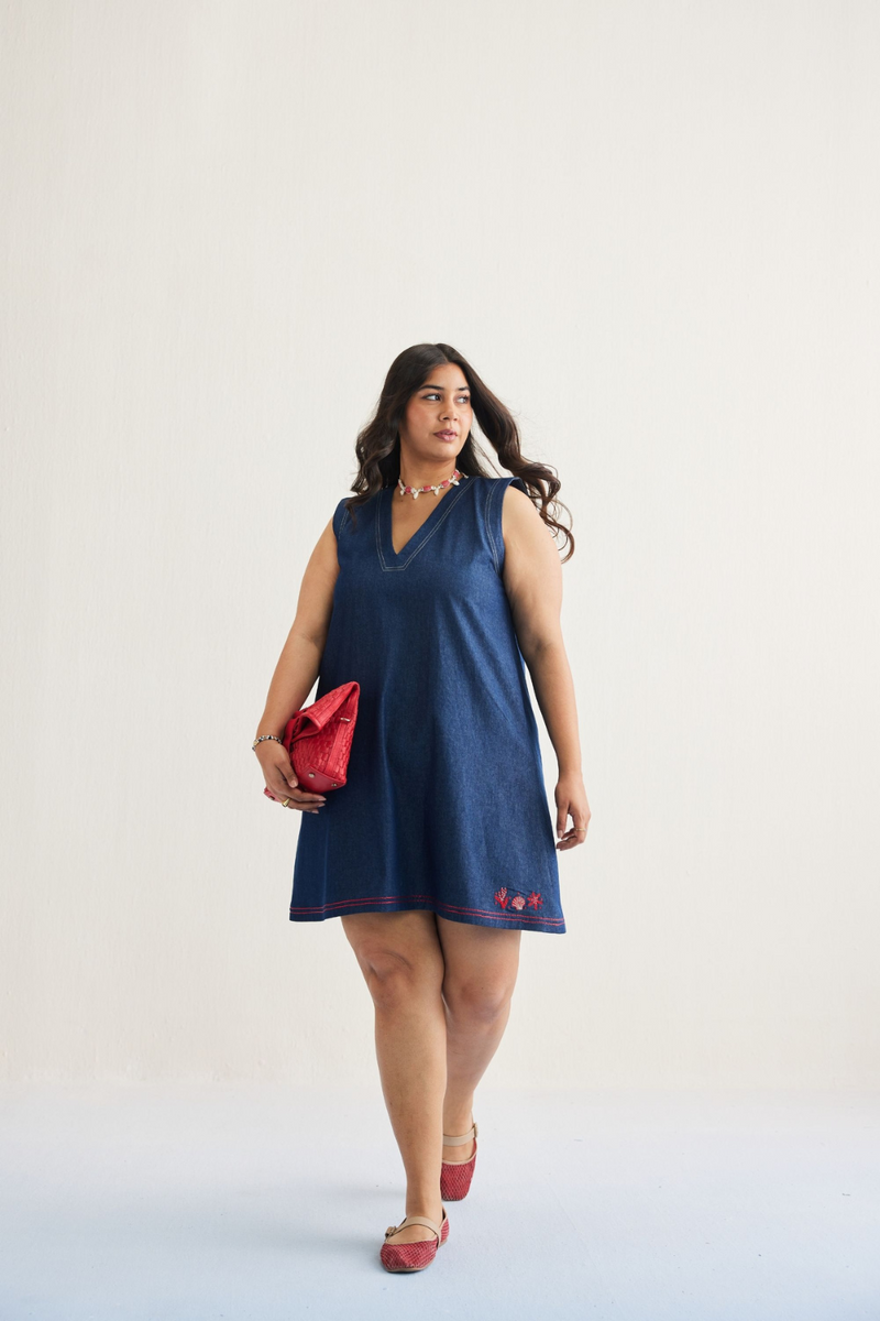 Deep Blue Sustainable Denim Dress cotton by SUI in blue color for women Worldwide