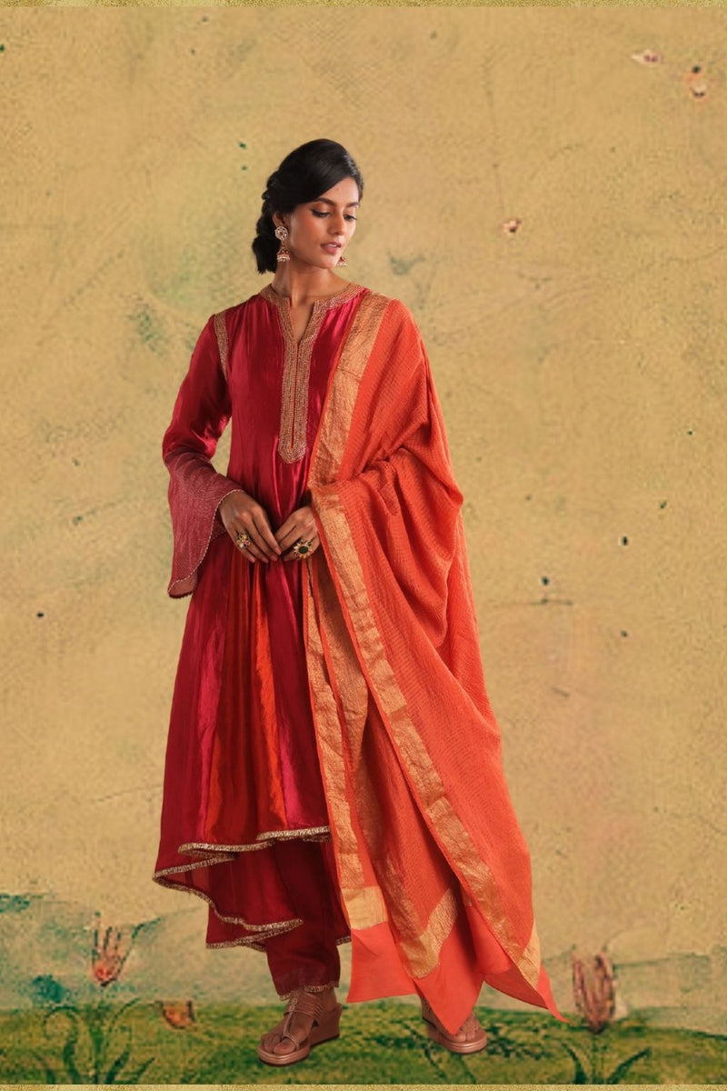 Gulal Kurta Set (MYO-2469- Dwarka) chanderi by Myoho in red color for women Worldwide