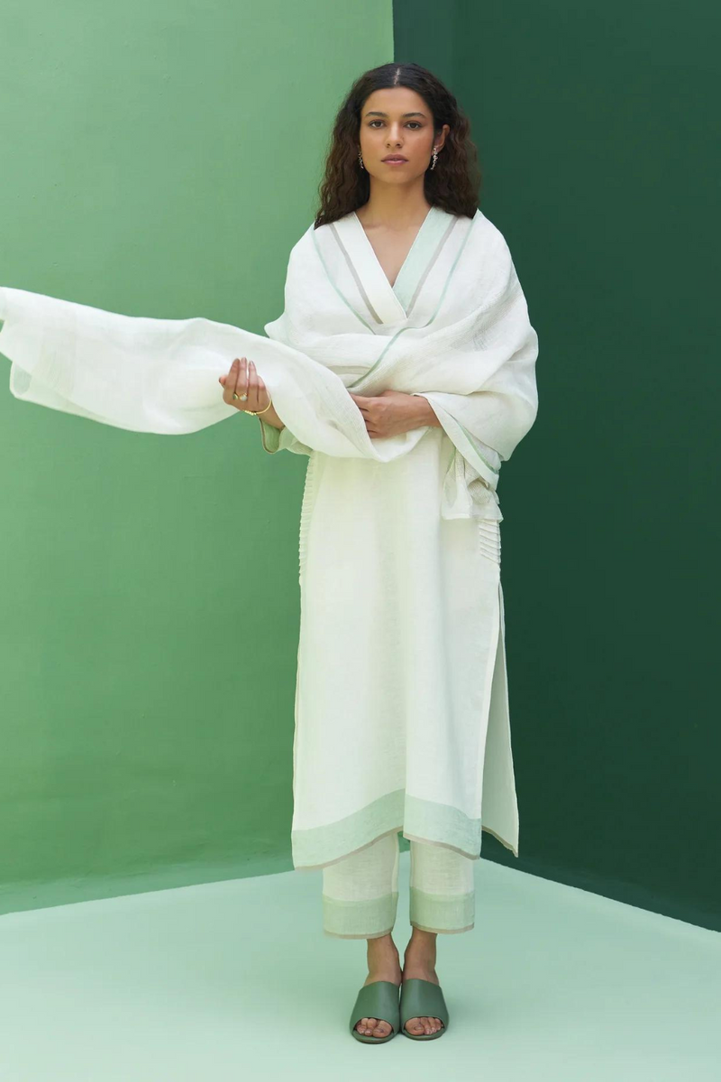June Border Linen Kurta Set
 - Ivory linen by Manan in ivory color for women Worldwide