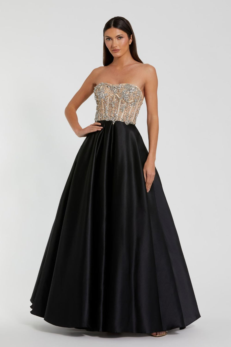 20701-Strapless Embellished Bustier Ball Gown by Mac Duggal in black color for women Worldwide