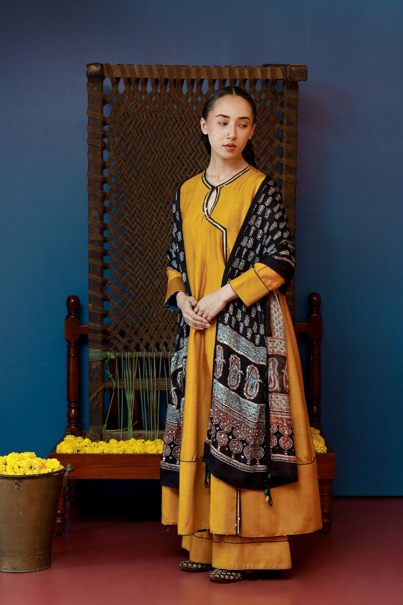 Baithak Mustard Flair Kali Kurta Set silk by PRAHNAAYA in yellow color for women Worldwide