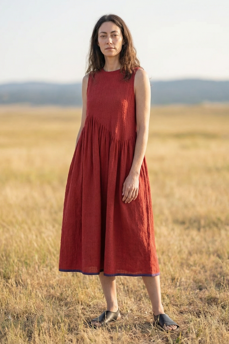 Red pleated midi dress - Red Dress by World of Crow in red color for women Worldwide