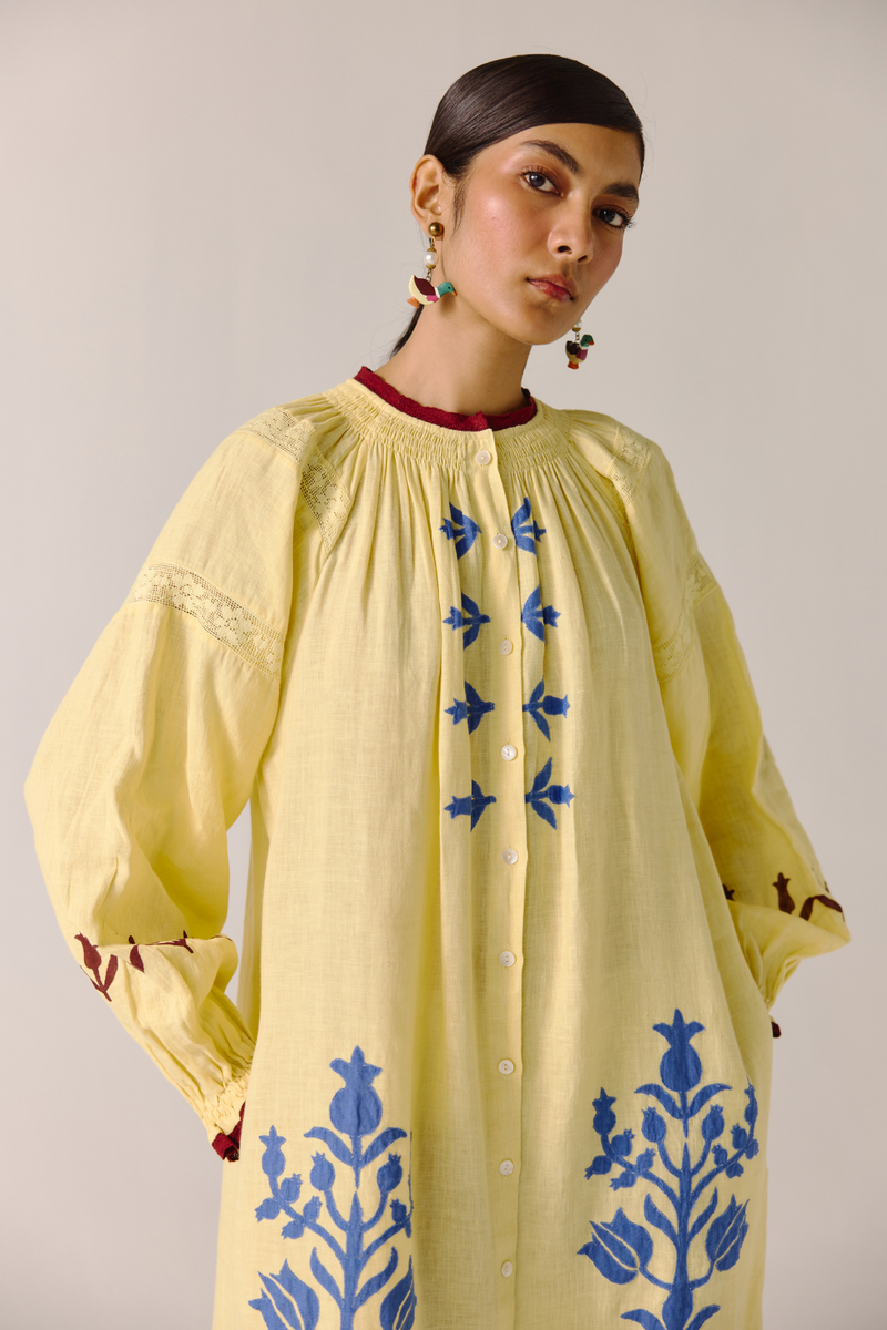 Chloe Dress - Butter Yellow Bird Applique by CORD in yellow for women Worldwide