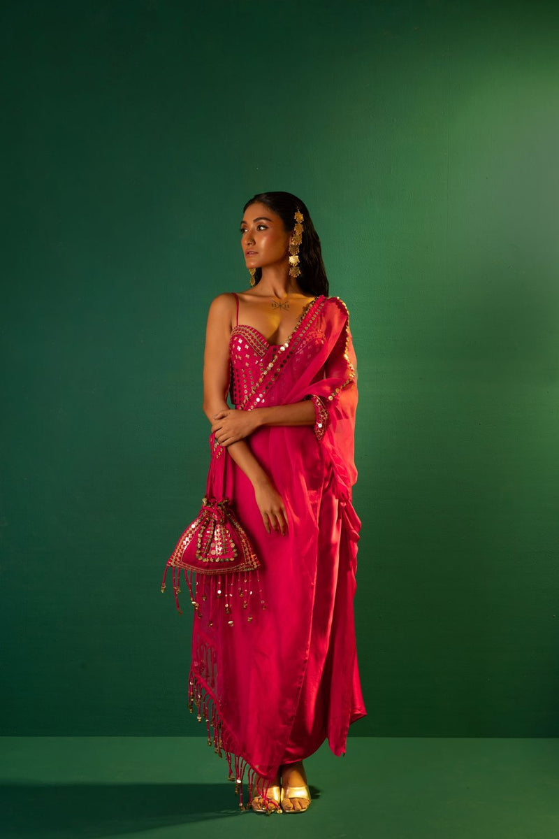 Chamakeen Mirror Sequin Blouse with Skirt & Half Cape satin by PRAHNAAYA in pink color for women Worldwide