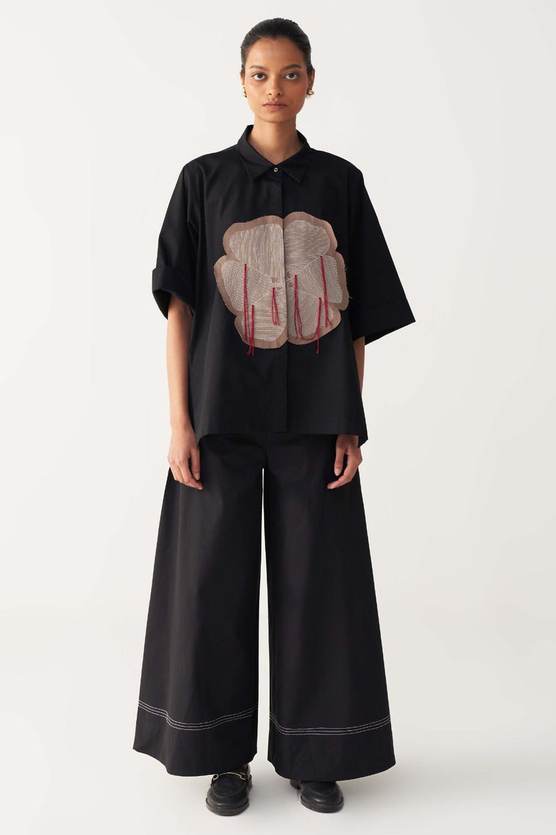 FLORAL FRINGE SHIRT CO-ORD-BLACK poplin by THREE in black color for women Worldwide