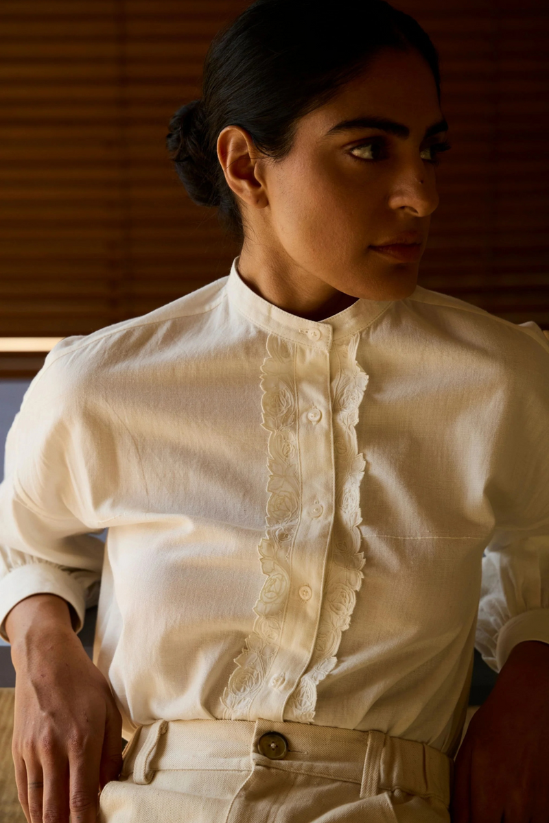 Ryuk Handwoven Embroidered Shirt cotton by The Summer House in white color for women Worldwide