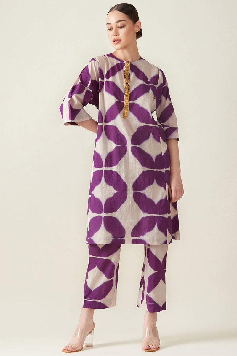 Purple Clamp Dye Embroidered Co ord set cotton Artisan made - Block Printed by Aavidi for women Worldwide