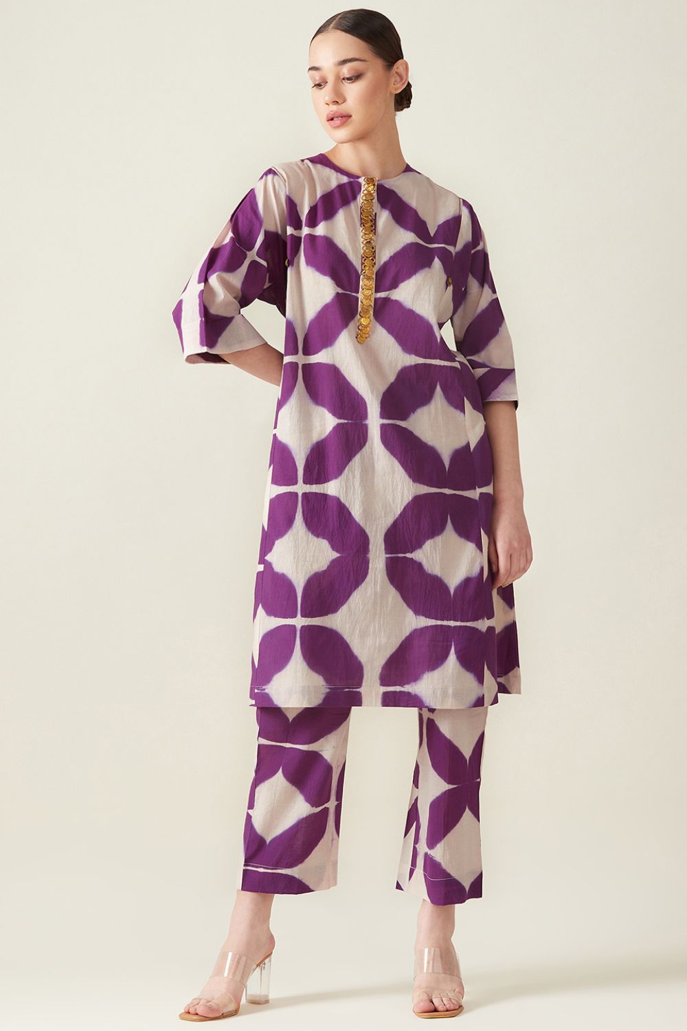 Purple Clamp Dye Embroidered Co ord set