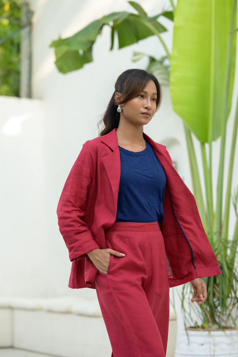 Crimson Sky Suit linen co-ord set by Zanzibar Living in crimson red for women Worldwide