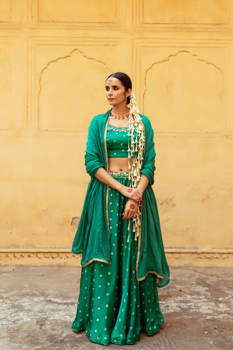 Green & White Bandhej Print Lehenga Set satin by Maison Shefali in multi color for women Worldwide