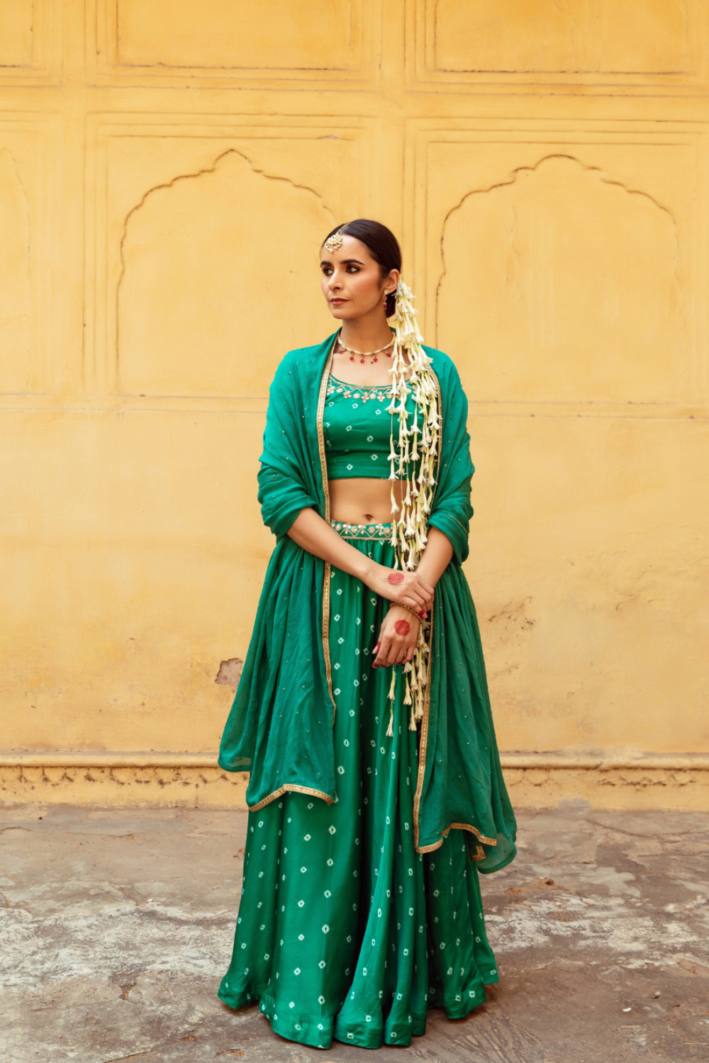 Green & White Bandhej Print Lehenga Set