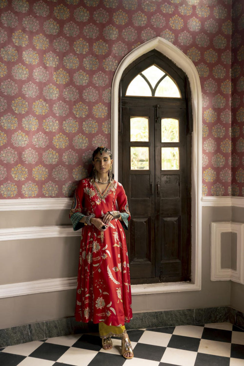 Fariba Red Printed Side Kali Kurta Set Kurta Sets by Rajiramniq for women Worldwide