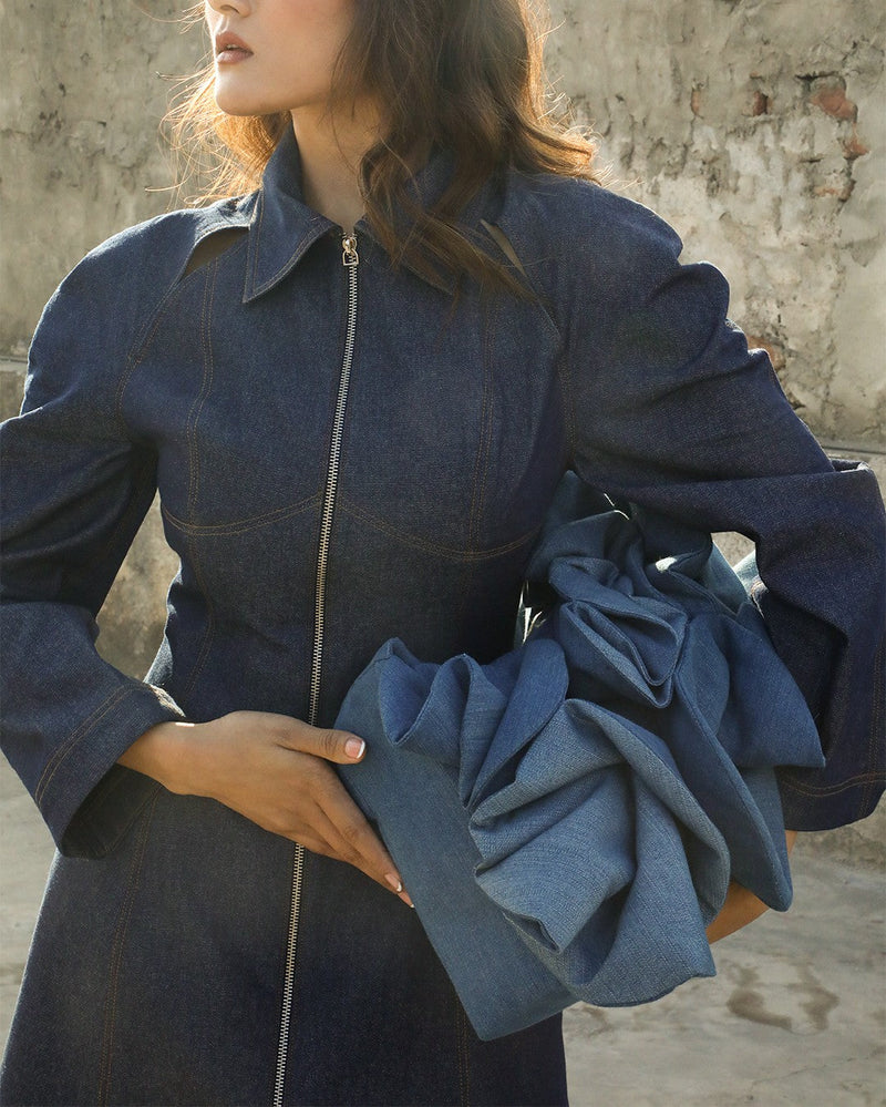 Denim Zip Dress 100% cotton by Leh Studios in blue color for women Worldwide