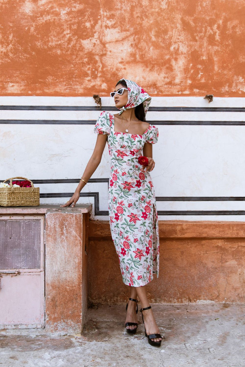 Raspberry & Rose Midi Dress - Off Shoulder Printed Cotton Midi Dress cotton Dress by Marche in white color for women Worldwide