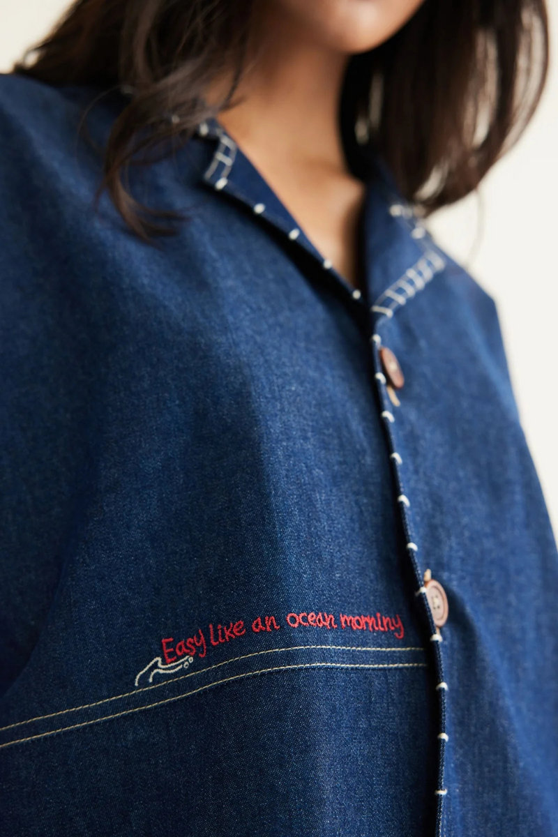Ocean Morning Sustainable Denim Shirt cotton by SUI in blue color for men Worldwide