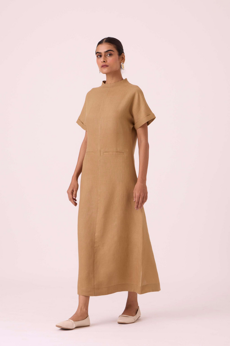 Salome Tan Linen Dress linen by The Summer House in olive color for women Worldwide