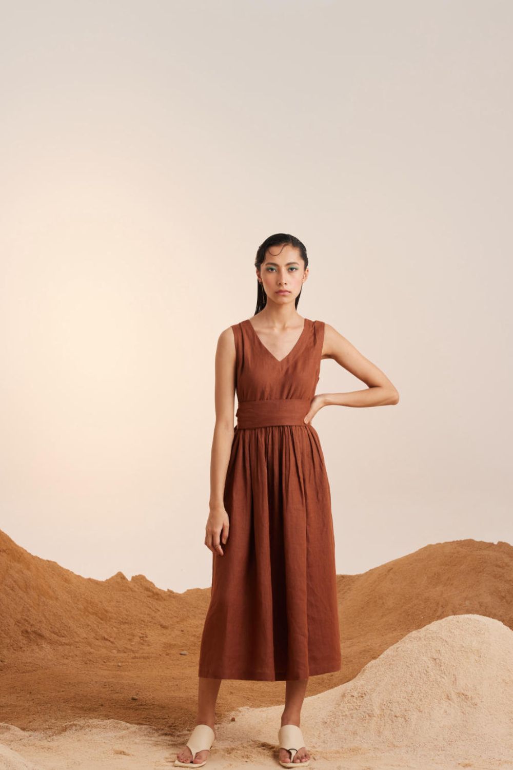 Sleeveless Linen Dress-Rust