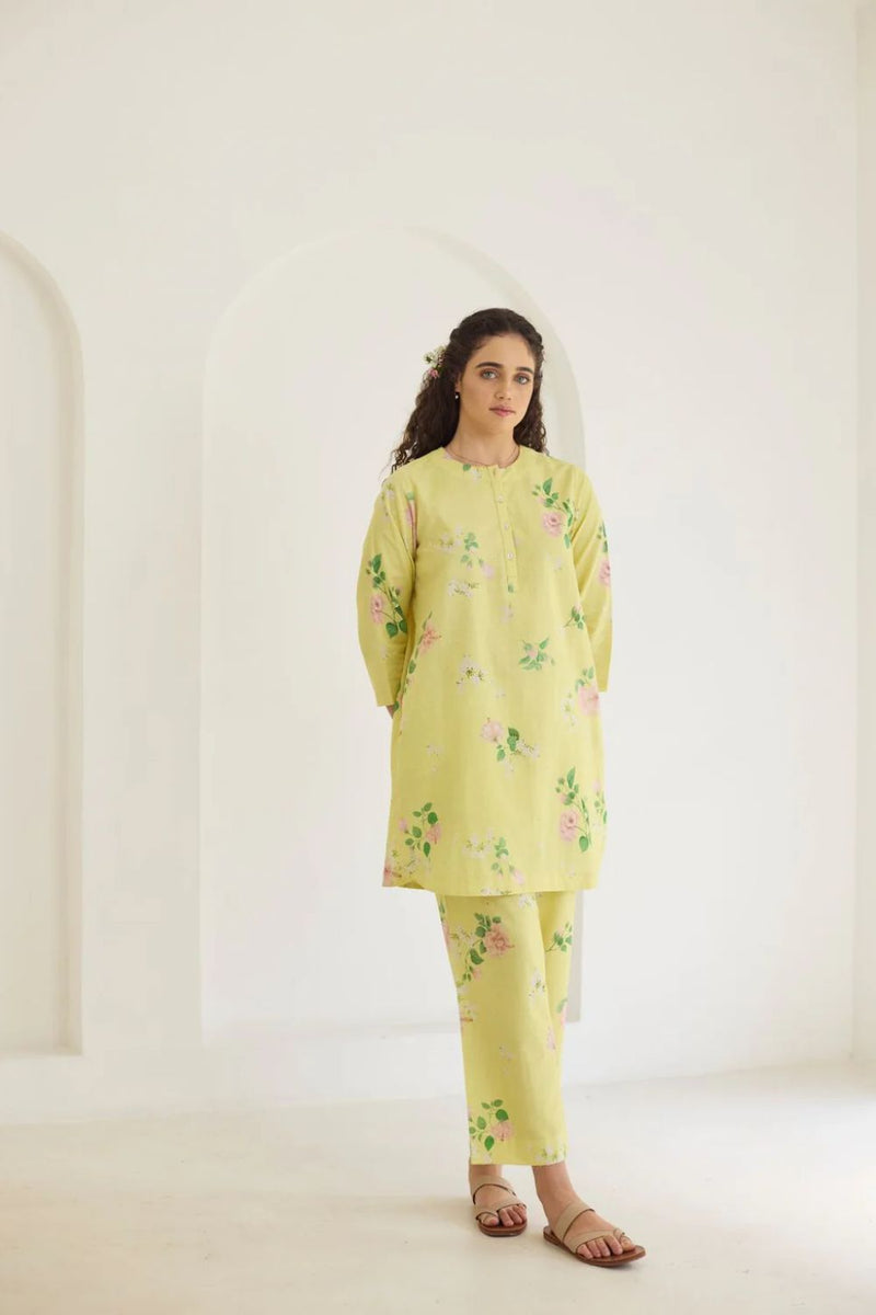 Yellow Hibiscus Short Kurta Set cotton by Nadiya Paar in yellow color for women Worldwide