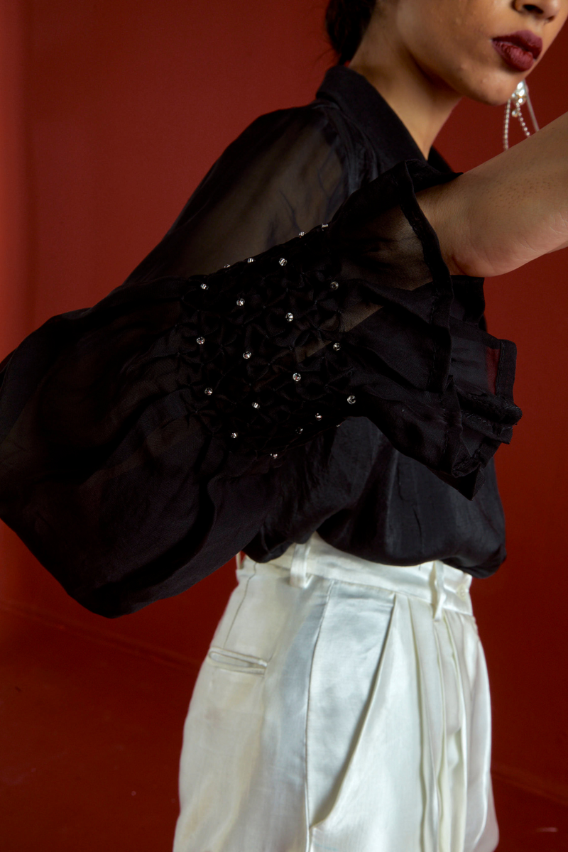 SMOCKING DETAIL SHIRT CO-ORD-BLACK organza by THREE in black color for women Worldwide