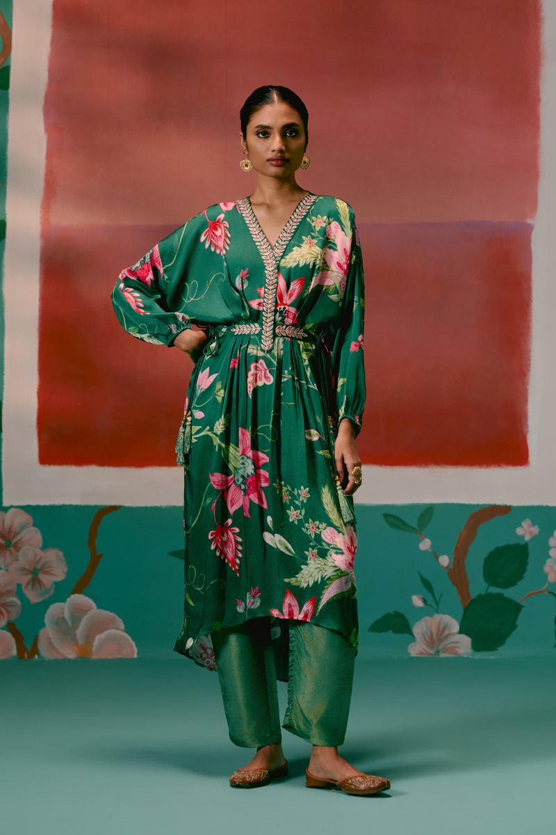Green Chintz Kaftan Set georgette by Label Mogra in green color for women Worldwide
