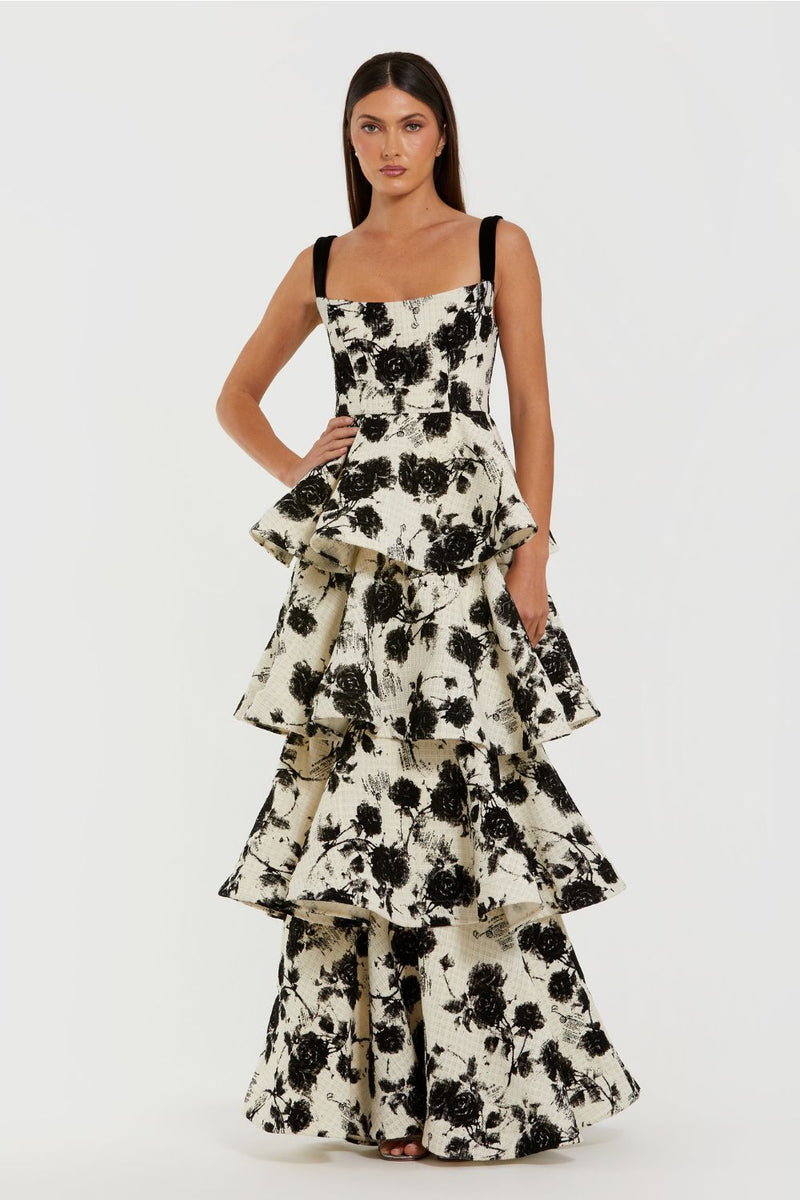 27710-Black and White Floral Boucle Tiered Ruffle Gown by Mac Duggal in black color for women Worldwide