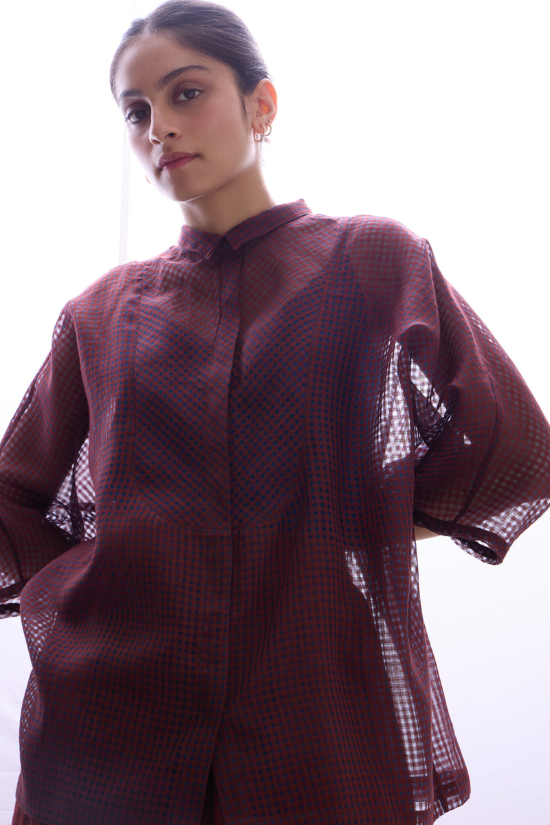 Zuri Blue Checkered HandwovenTop handwoven silk cotton top/shirt by The Summer House in blue for women Worldwide