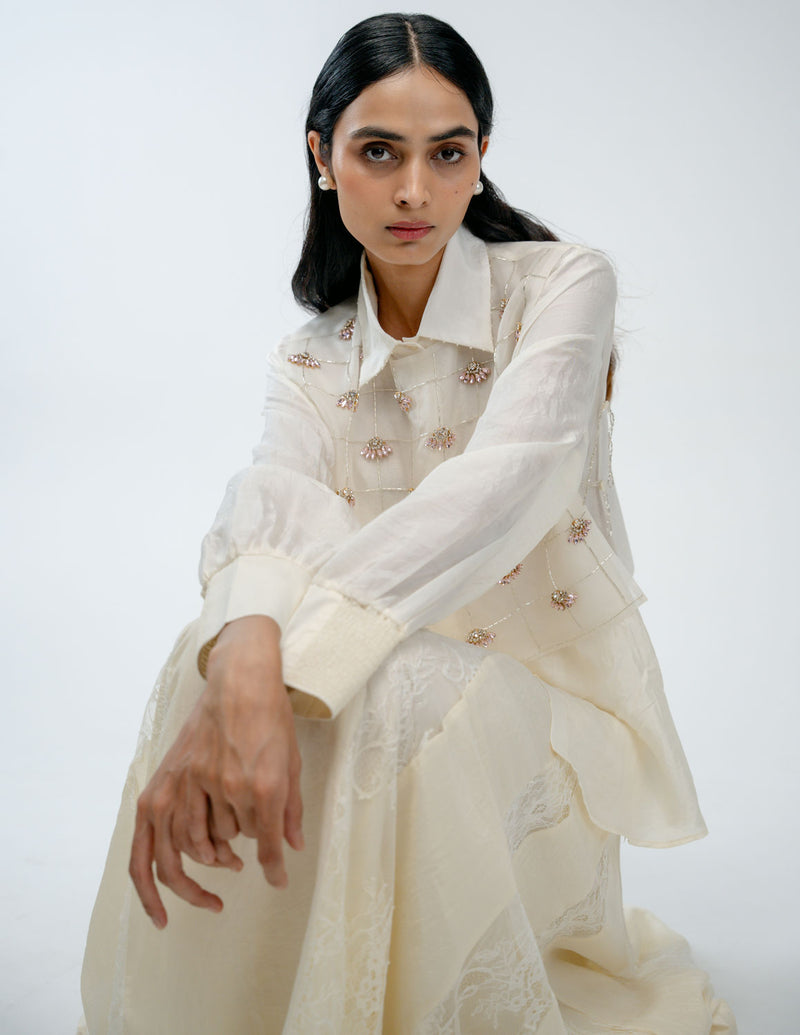 Our Story Set organza silk co-ord set by Ode to Odd in off white for women Worldwide