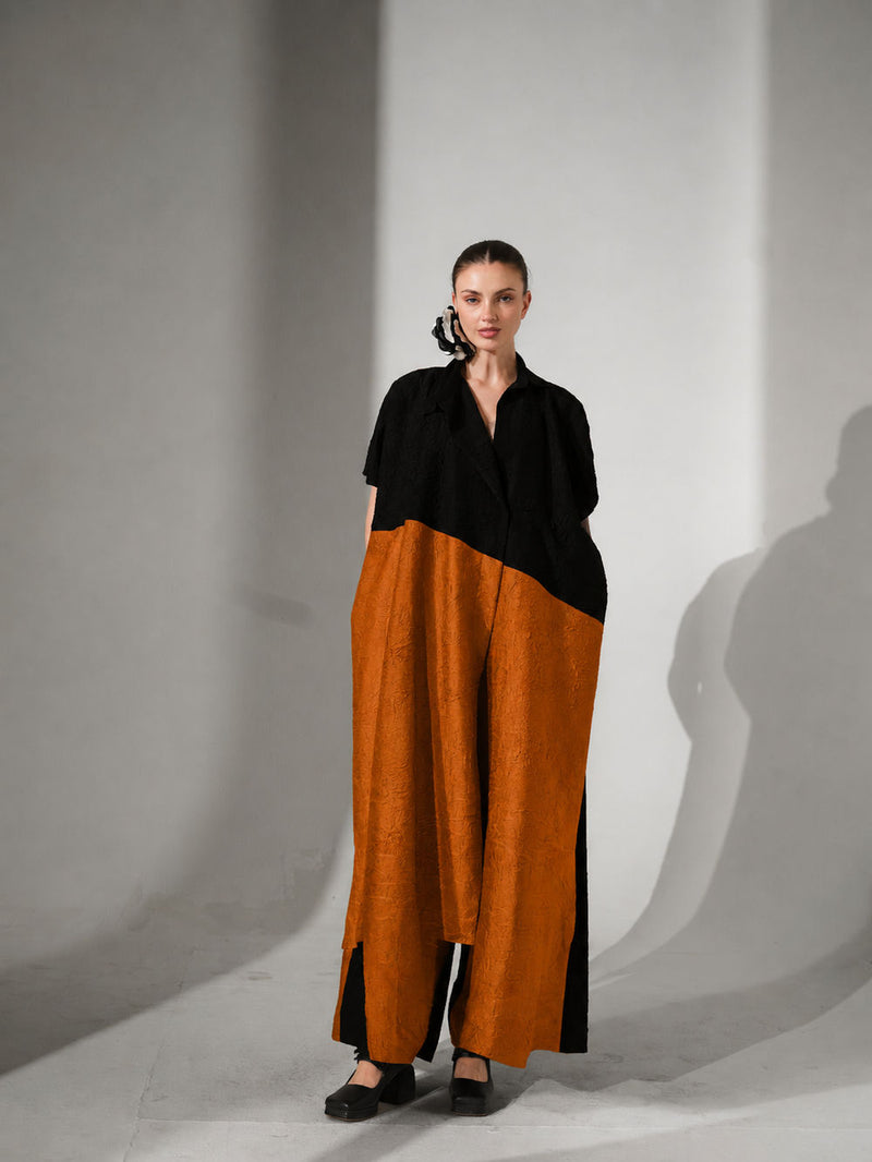 Awaken Tunic-Black + Ochre crushed silk tunics and kaftans by Stoique in black, ochre for women Worldwide