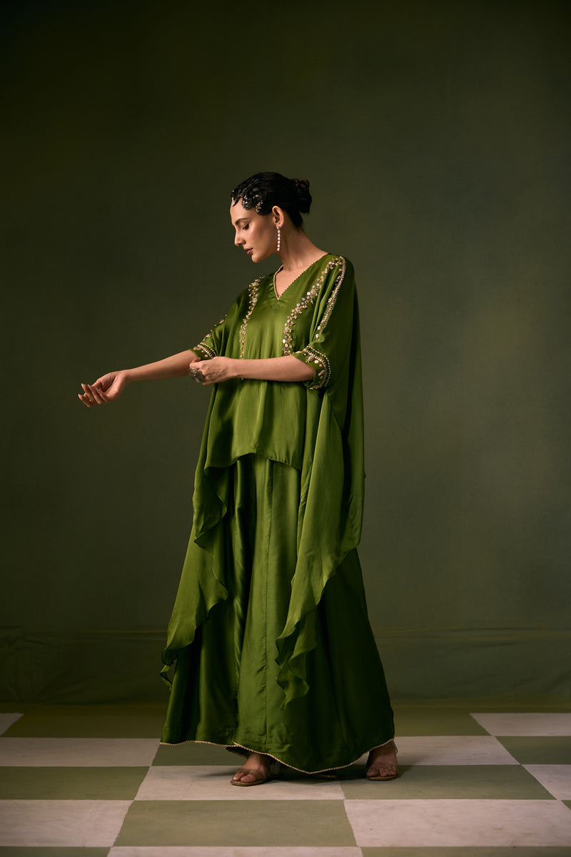 Cove Antifit Asymmetric Top with Flared Pants vegan satin, organza satin indo-western by PRAHNAAYA in musturd yellow for women Worldwide
