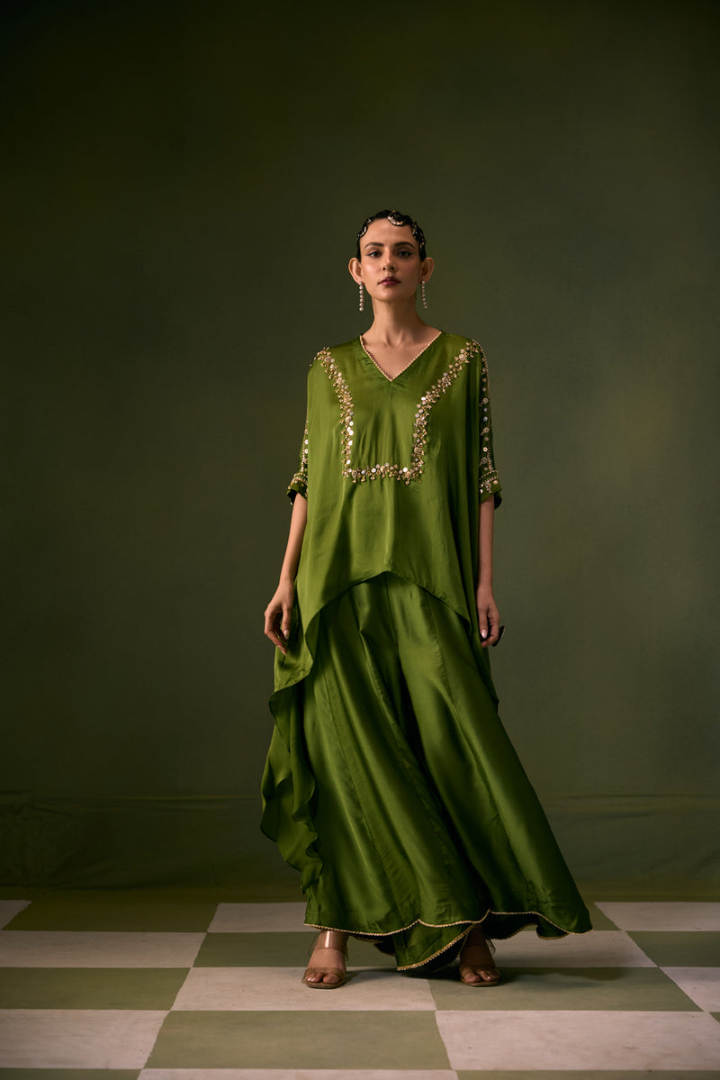 Cove Antifit Asymmetric Top with Flared Pants vegan satin, organza satin indo-western by PRAHNAAYA in musturd yellow for women Worldwide