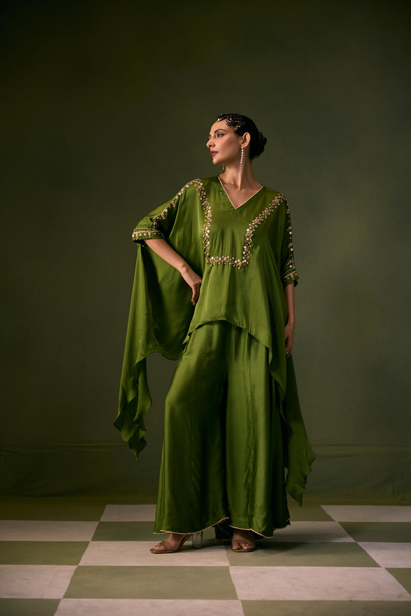 Cove Antifit Asymmetric Top with Flared Pants vegan satin, organza satin indo-western by PRAHNAAYA in musturd yellow for women Worldwide