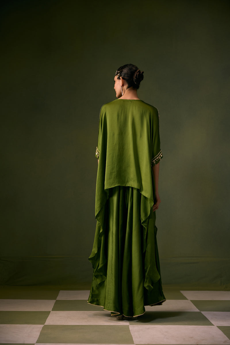 Cove Antifit Asymmetric Top with Flared Pants vegan satin, organza satin indo-western by PRAHNAAYA in musturd yellow for women Worldwide