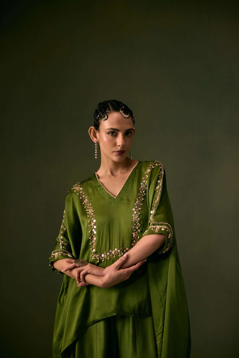 Cove Antifit Asymmetric Top with Flared Pants vegan satin, organza satin indo-western by PRAHNAAYA in musturd yellow for women Worldwide