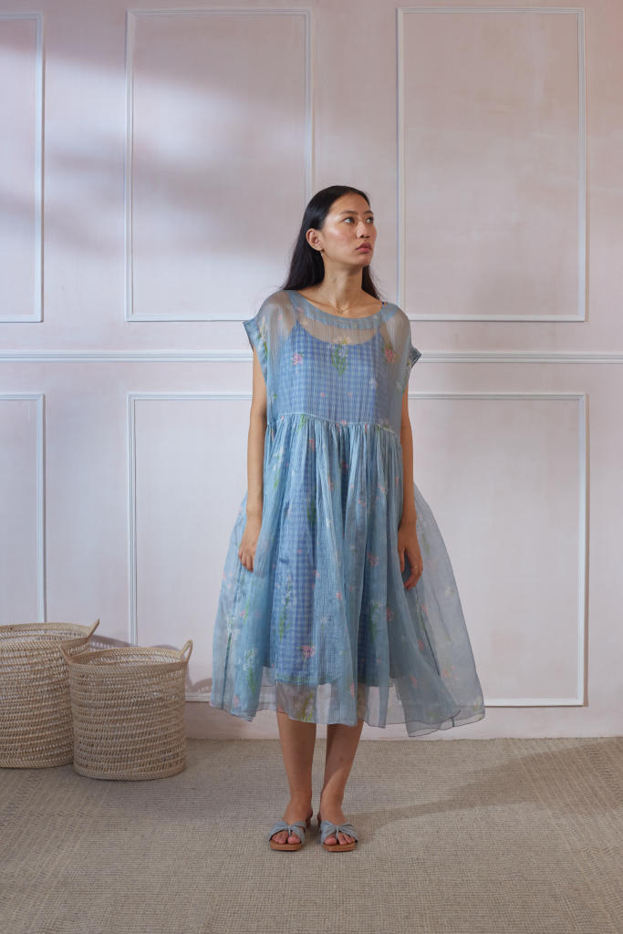 Rajnigandha Tap Midi Dress by Nadiya Paar in blue color for women Worldwide