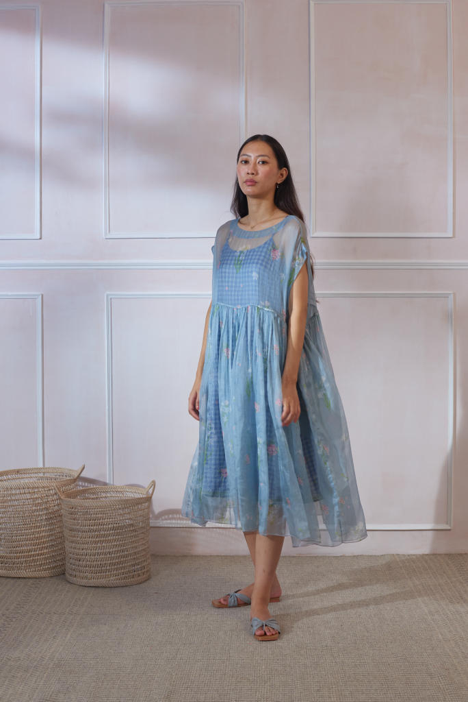 Rajnigandha Tap Midi Dress by Nadiya Paar in blue color for women Worldwide