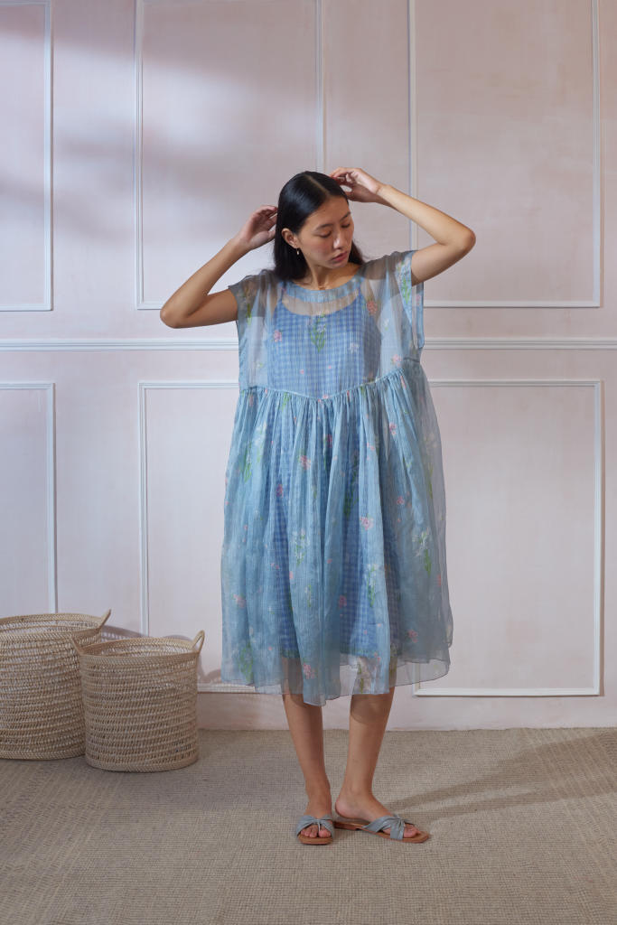 Rajnigandha Tap Midi Dress by Nadiya Paar in blue color for women Worldwide