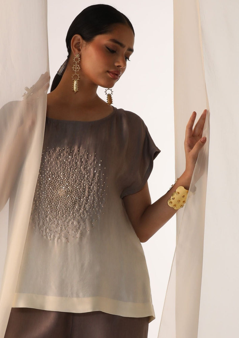 Linen satin ombre co-ord set with scatter hand work satin by Myoho in grey color for women Worldwide