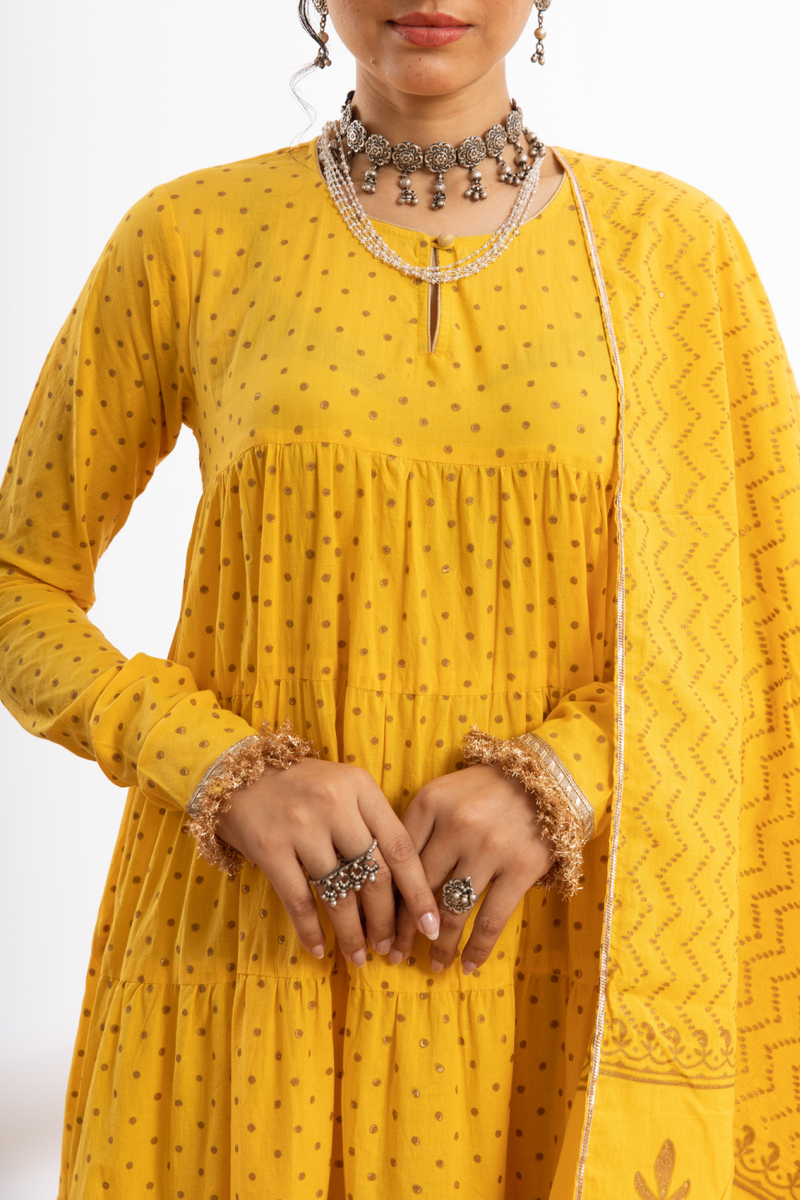 Kalindi Suit Set - yellow hand printed cotton kalidar suit set cotton by Maison Shefali in yellow color for women Worldwide