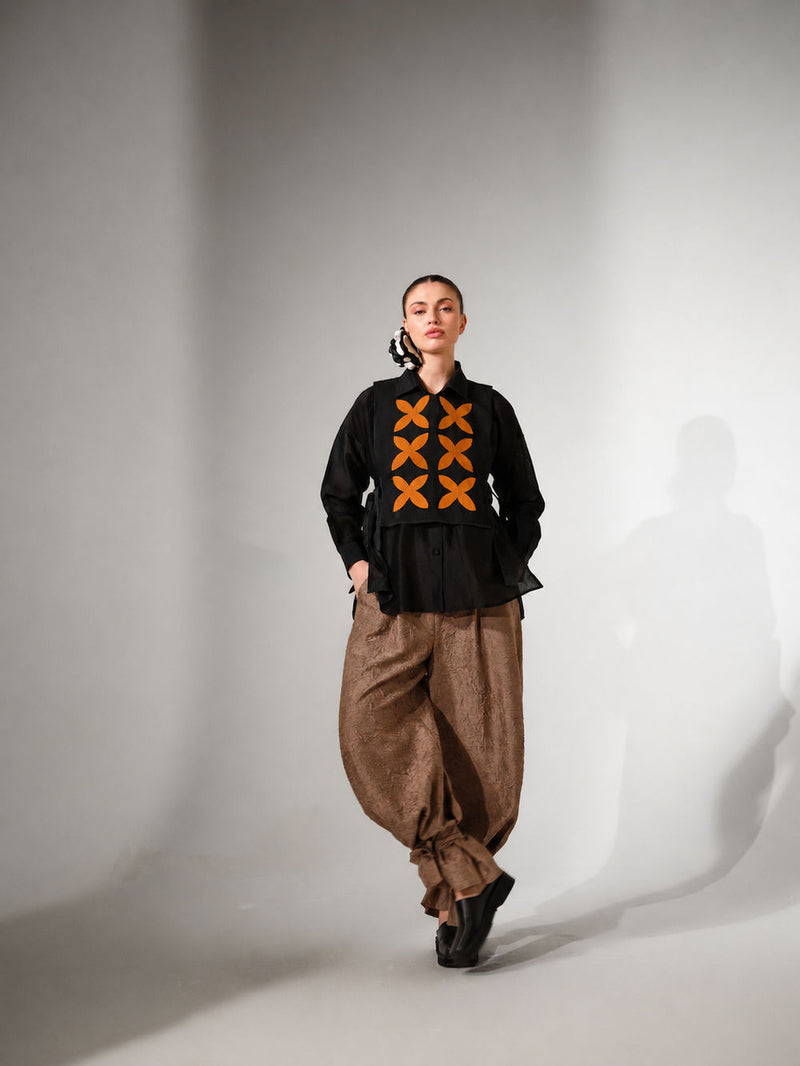 Pebble Shirt-Black + Ochre silk chanderi top/shirt by Stoique in black, ochre for women Worldwide